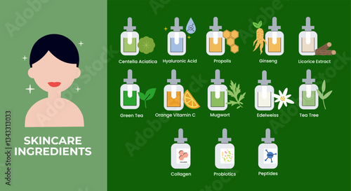 Vector set of design elements, icons, and badges for natural and organic cosmetics skincare ingredients. Centella asiatica, niacinamide, Collagen, Hyaluronic Acid, ginseng, mugwort, etc.