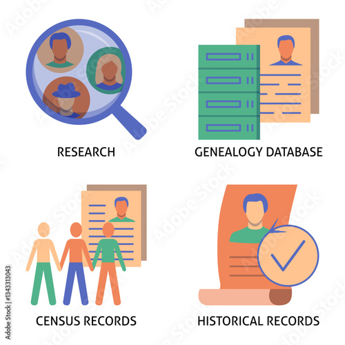 Genealogy database flat icon set