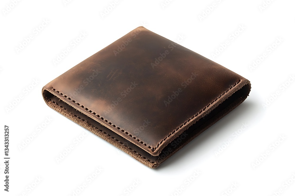 A rich, rustic brown leather wallet, showcasing handcrafted details and a worn, vintage aesthetic against a clean white background. A rich, rustic brown leather wallet, showcasing handcrafted details and a worn, vintage aesthetic against a clean white background.