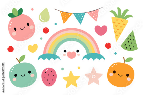 Adorable hand-drawn vector collection for nursery decoration, featuring cute rainbows, fruits, and bunting
