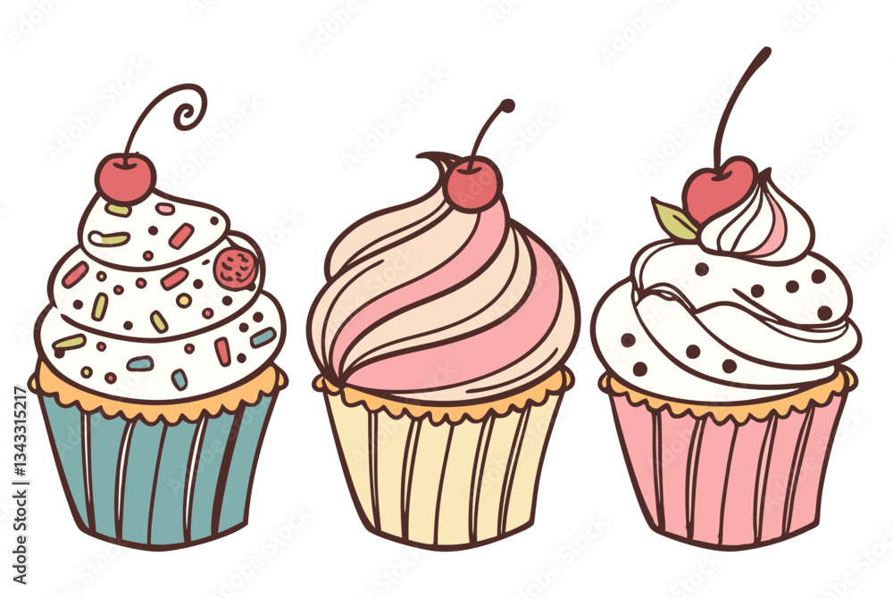 A delightful set of isolated hand-drawn cupcake vector designs
A delightful set of isolated hand-drawn cupcake vector designs