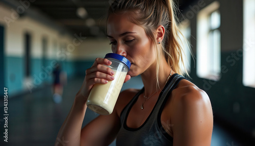 A woman enjoying a protein drink in a gym, focused and refreshed after her workout.