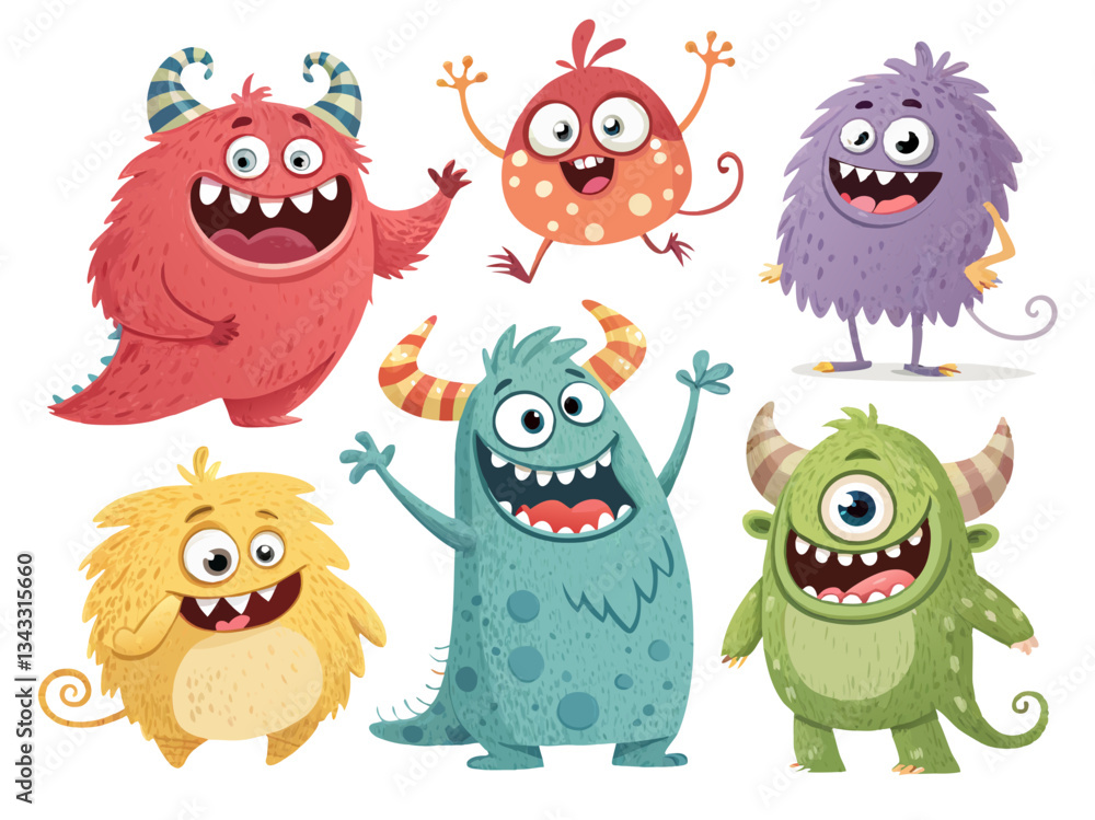 A playful collection of funny, imaginary toy monsters and creatures, featuring smiling characters
A playful collection of funny, imaginary toy monsters and creatures, featuring smiling characters