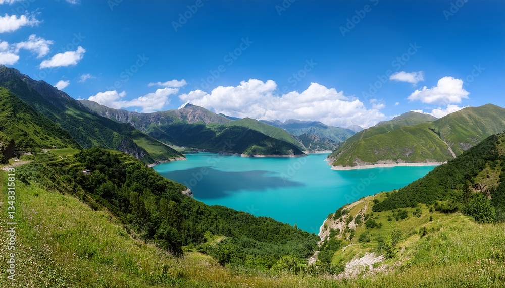 Obraz premium stunning turquoise lake surrounded by green mountains under a beautiful blue sky creates an idyllic summer landscape