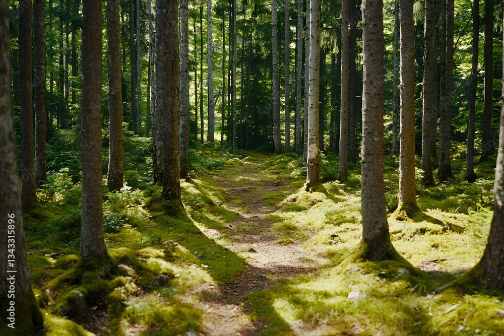 Fototapeta premium Sunlit Forest Path Mossy Trees Green Woods Nature Trail