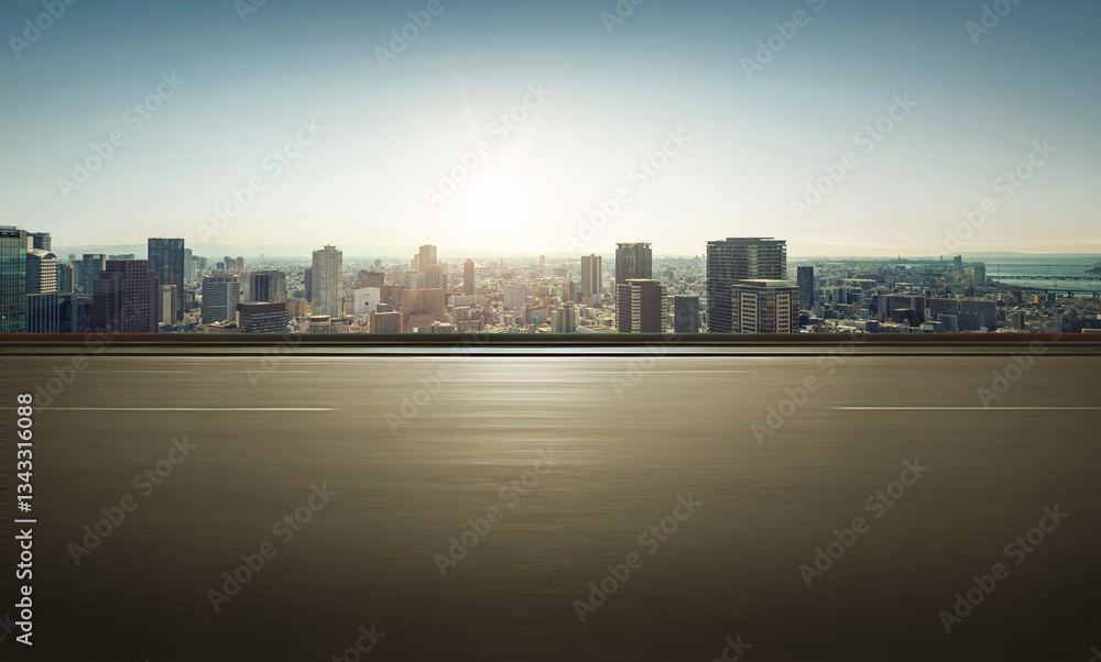 Panoramic side view of motion blur asphalt road and cityscape background. Panoramic side view of motion blur asphalt road and cityscape background.