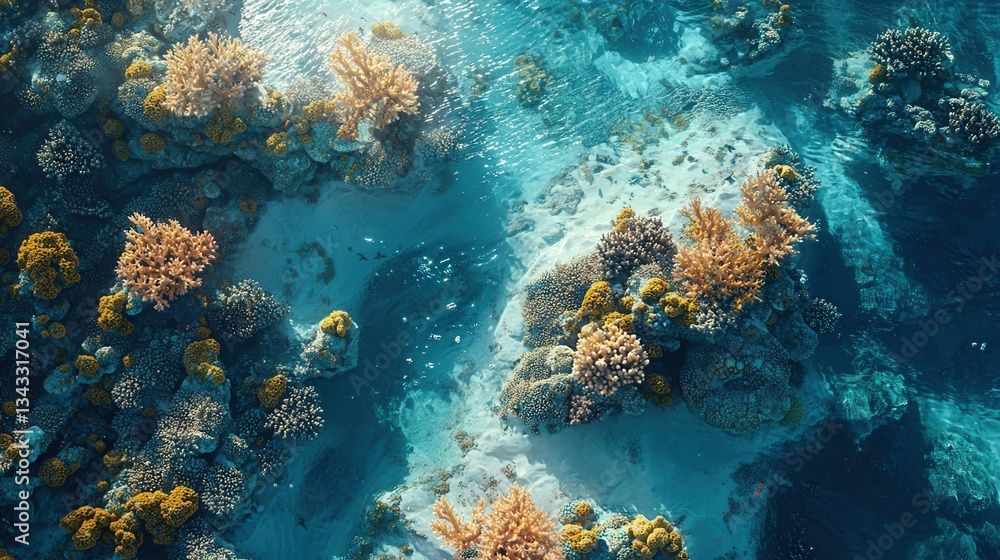 a stunning 3D aerial view of a coral reef restoration project, where scientists carefully transplant coral fragments to revive a once-damaged ecosystem.
