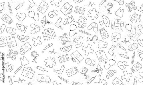 Medical seamless pattern. Medical icons, signs and symbols. Background of medical icons.