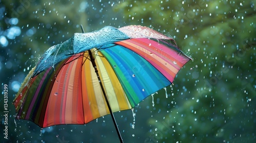 Vibrant Rainbow Umbrella Stands Firm in a Deluge, Splashing Colorful Light