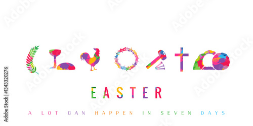 Easter colorful brush pattern icons - palm branch, wine bowl, rooster, crown of thorns, nails, cross and open tomb. A lot can happen in seven days, creative concept with Holy Week symbols. Vector card