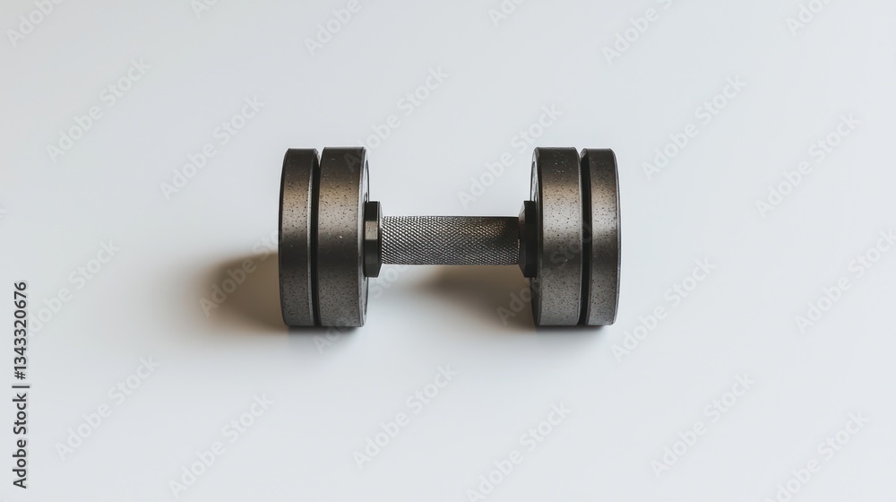 A single steel dumbbell with smooth weight plates and a textured knurled grip, centered on a pure white background, sharp details, and a modern, clean aesthetic A single steel dumbbell with smooth weight plates and a textured knurled grip, centered on a pure white background, sharp details, and a modern, clean aesthetic