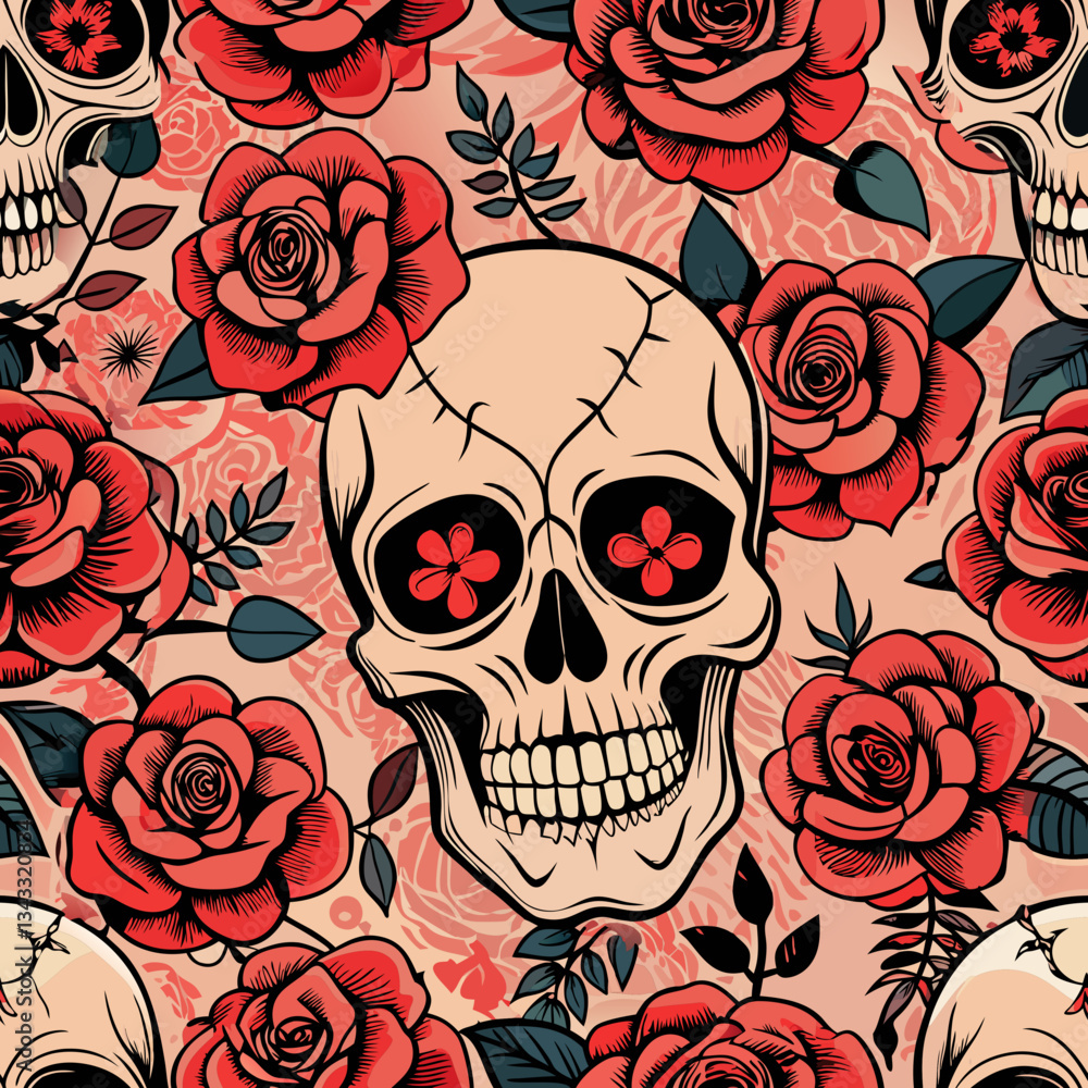 Fototapeta premium Edgy seamless pattern featuring detailed skulls intertwined with blooming roses, designed in a tattoo-inspired style 