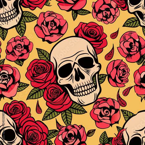 Edgy seamless pattern featuring detailed skulls intertwined with blooming roses, designed in a tattoo-inspired style
