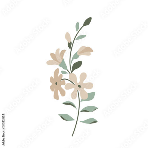 Tender blossoming branch with a small beautiful flowers isolated on white. Nice plant in a flat style.