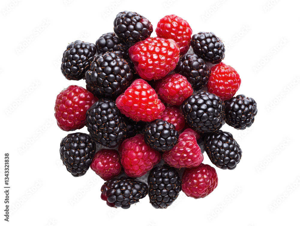 Fresh blackberries and raspberries stacked together for display on a transparent background, cut out Fresh blackberries and raspberries stacked together for display on a transparent background, cut out