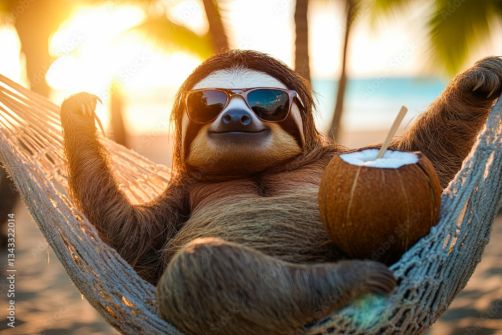 Fototapeta premium Relaxed Sloth in Hammock with Coconut Drink