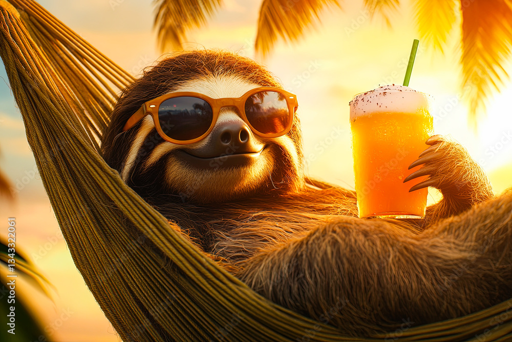 Fototapeta premium Relaxed Sloth in Hammock with Drink