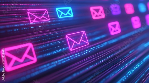 Abstract digital illustration of glowing email icons on vibrant colorful background representing communication concept