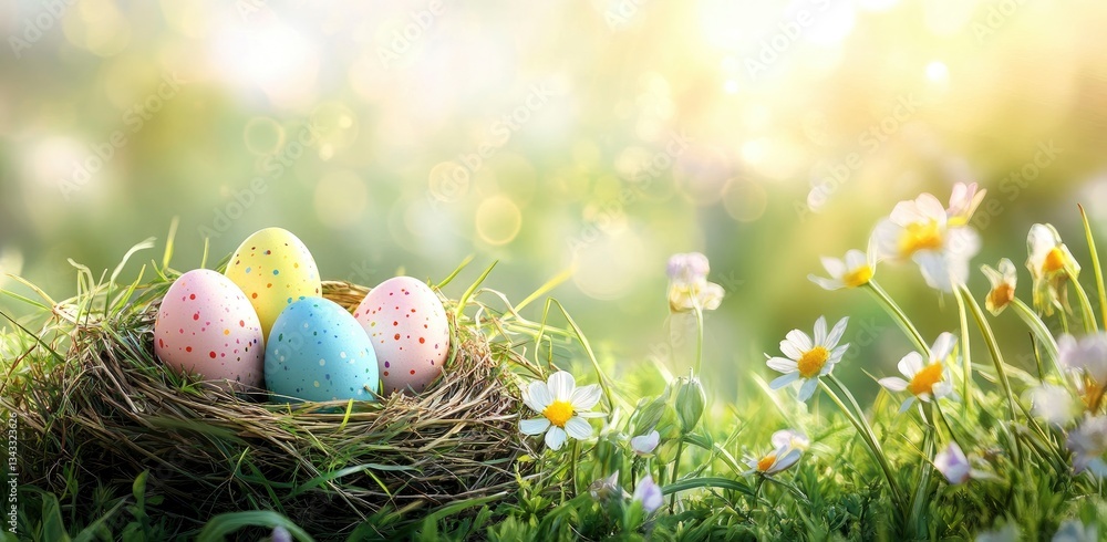 Easter Eggs in Nest with Daisy Flowers on Sunny Spring Meadow