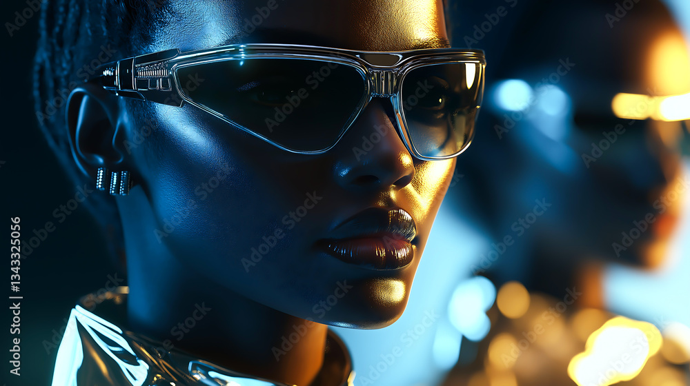 Portrait of a futuristic fashion show with models wearing high tech sunglasses and LED accessories on virtual runway, Futuristic fashion
Portrait of a futuristic fashion show with models wearing high tech sunglasses and LED accessories on virtual runway, Futuristic fashion
