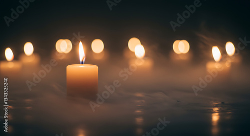 Wallpaper Mural A single candle burns brightly, surrounded by a soft, misty glow, creating a peaceful and contemplative atmosphere. Torontodigital.ca