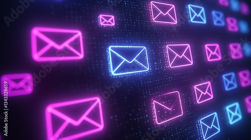 Digital Communication Concept with Neon Colored Email Icons on Abstract Background Design for Technology Themes