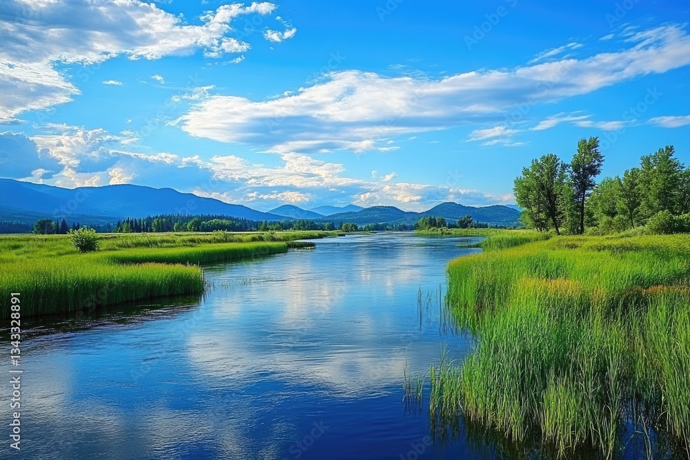 Obraz premium Northern Idaho: Scenic Mountain River Bank in Priest River on a Summer Day