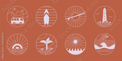 Line abstract surfing badge. Round vector illustrations about sun, ocean, vacation, tropical life