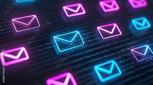Digital Email Icons Illuminated in Neon Blue and Pink on a Dark Background with Binary Code Elements