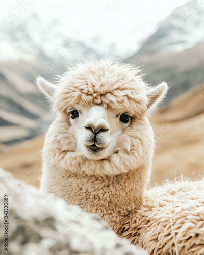 Cute alpaca with fluffy fur and a gentle gaze.