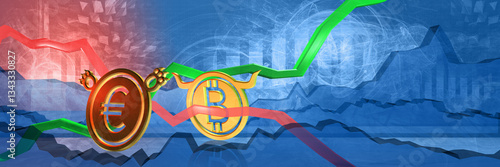 Obraz na płótnie currency exchange rate background. bullish position of bitcoin to euro. finance background for news. 3D illustration of forex market trading. digital economy and stock analysis concept w salonie