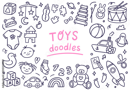 Black and white doodles with baby toys and childhood elements: teddy bear, rattle, drum, rocket, puzzles, and more. Vector illustrations on a white background.