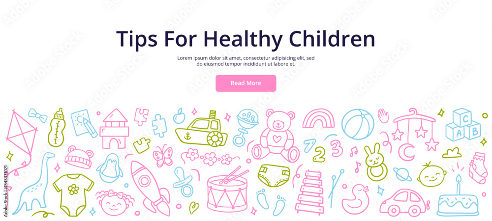 Fototapeta premium Doodle illustration of childhood elements. Educational toys, baby clothing, and musical instruments. Vector illustration for landing page, banner, or ad.