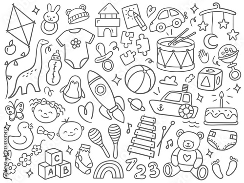 Black and white doodle illustration with baby toys and childhood elements. Vector illustrations on a white background. Perfect for kids products, coloring pages, and nursery designs.