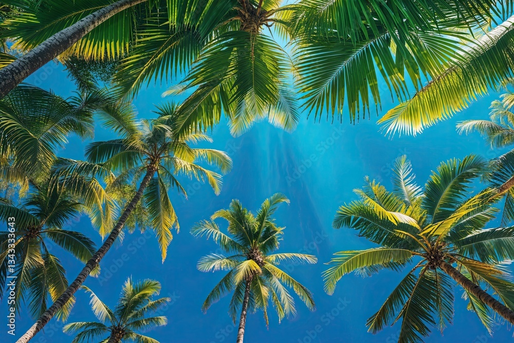 Fototapeta premium Tropical Leaves Overhead on Bright Blue Background for Adventure Travel Inspiration