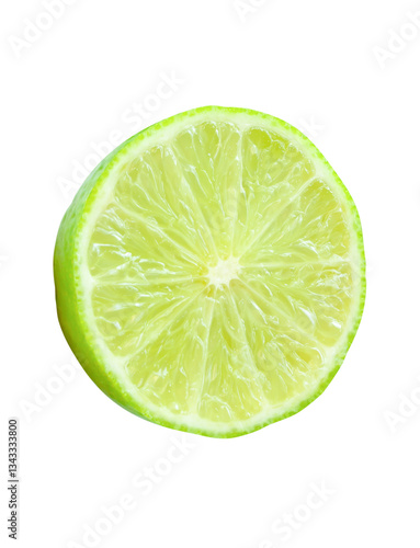 Front view of fresh green lemon fruit in half in circle shape without green leaf isolated with clipping path in png file format