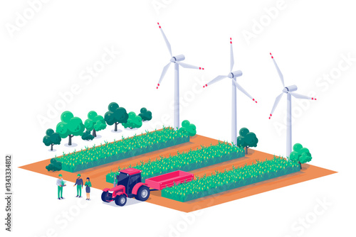 Modern farmland using renewable wind turbines production system. Crops, corn, grains, potatoes and vegetables producing together with electricity. Effective sustainable farming. Vector illustration.