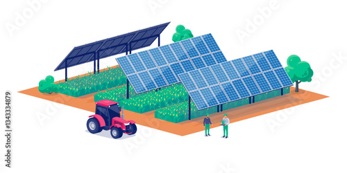 Modern farmland using agrivoltaics tracker solar panel system. Crops, corn, grains, potatoes and vegetables production together with electricity. Sunshine protection. Effective sustainable farming.