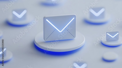 Futuristic Email Icons with Neon Glow on Circular Platforms Surrounded by Soft Focus Background