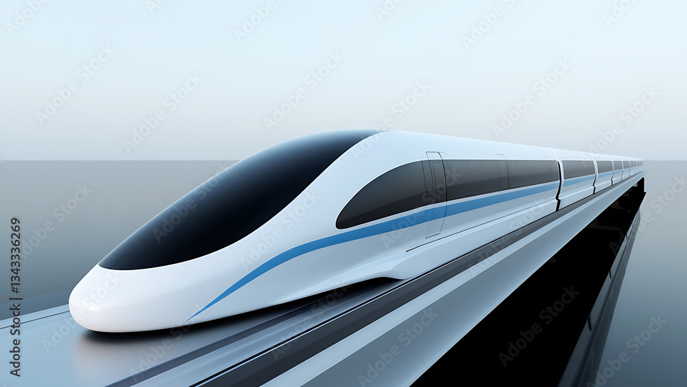 sleek futuristic hyperloop train with streamlined design glides on elevated track, showcasing advanced transportation technology and innovation against clear sky sleek futuristic hyperloop train with streamlined design glides on elevated track, showcasing advanced transportation technology and innovation against clear sky