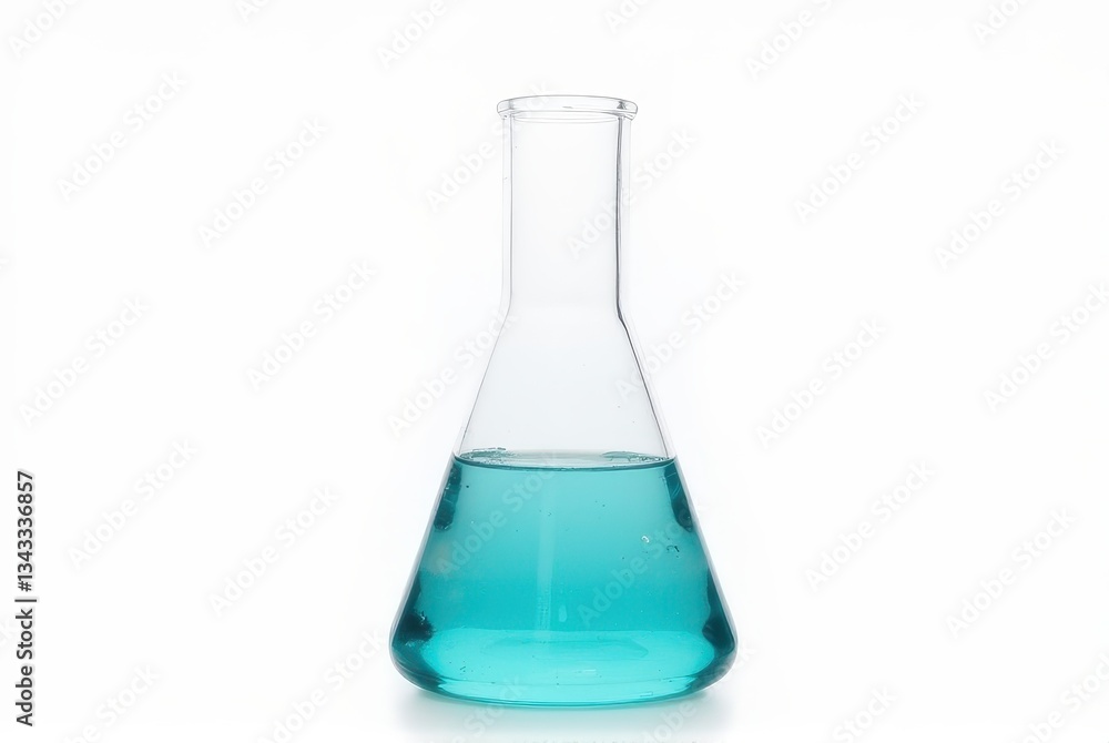 Transparent Laboratory Flask with Blue Liquid on White Background Transparent Laboratory Flask with Blue Liquid on White Background