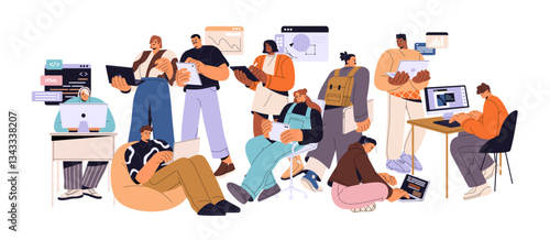 Programmers team works at computers together. Coders programming, write script, improve code. Process of web app development, teamwork project. Flat isolated vector illustration on white background