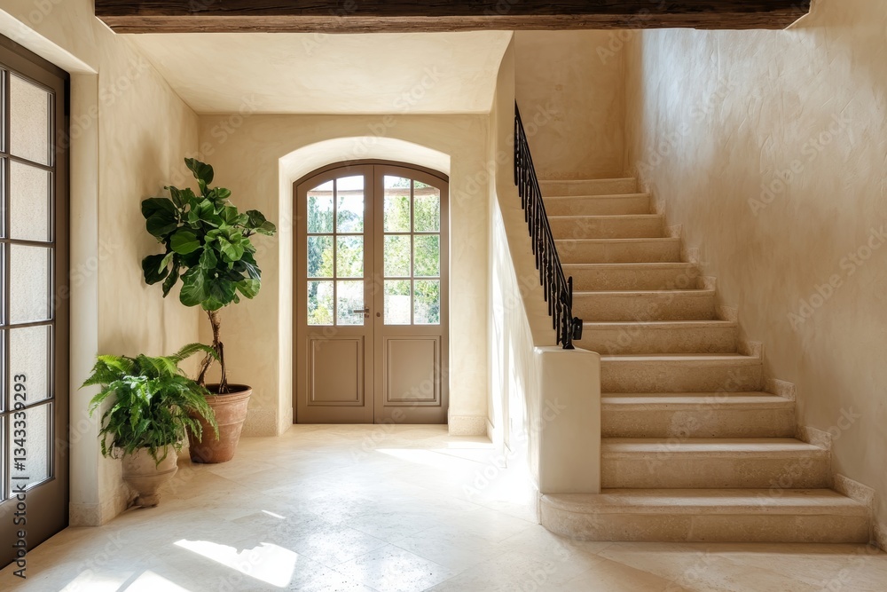 Obraz premium a classic stairway with sunlight pouring in, featuring a stylish door and decorative plants