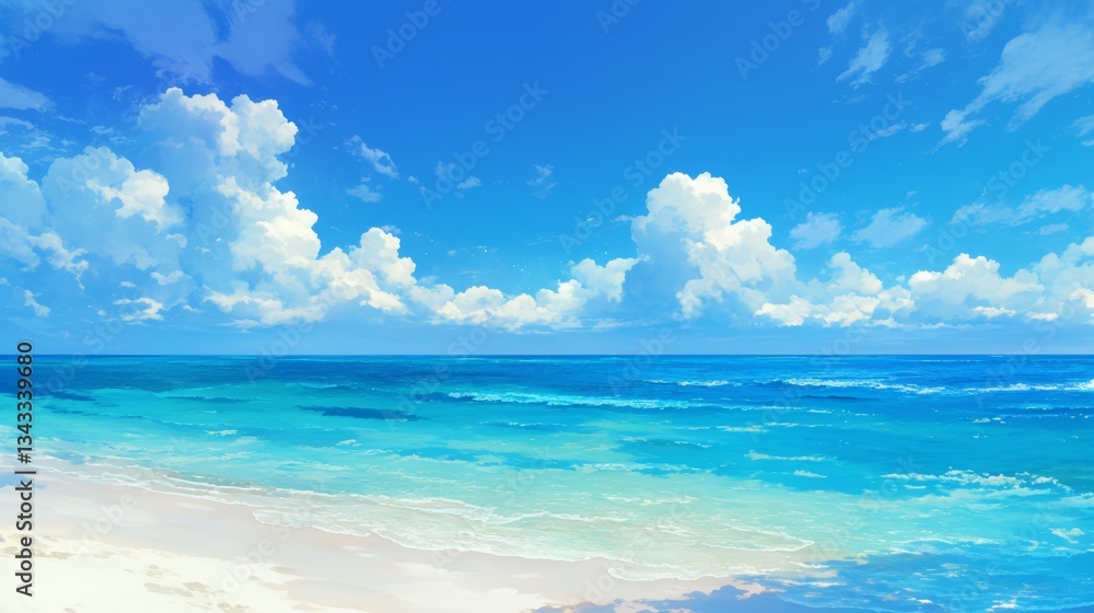 Fototapeta premium stunning beautiful beach and sea with sky view,clear water sea anime style painting illustration 