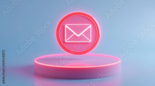 Neon Email Icon Displayed in a Minimalist Setting with Soft Blue Background and Circular Base