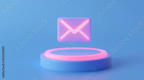Neon Email Icon Displayed on a Floating Platform with Soft Blue Background and Futuristic Design Elements
