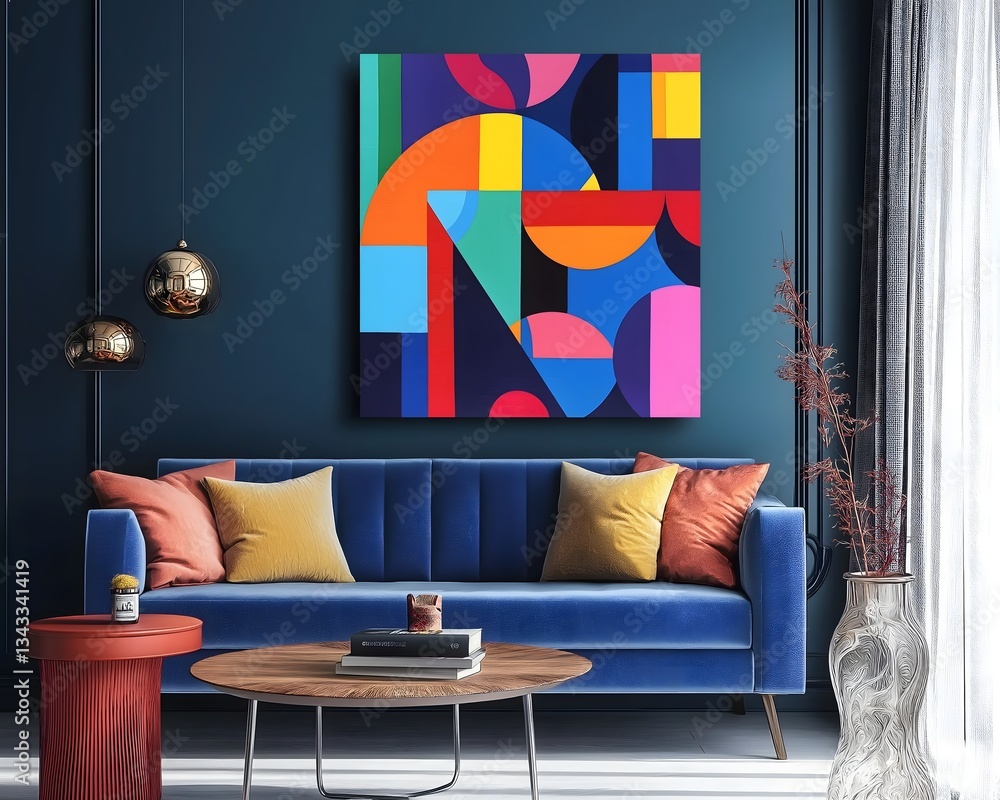 Modern Living Room Interior with Colorful Geometric Abstract Art
