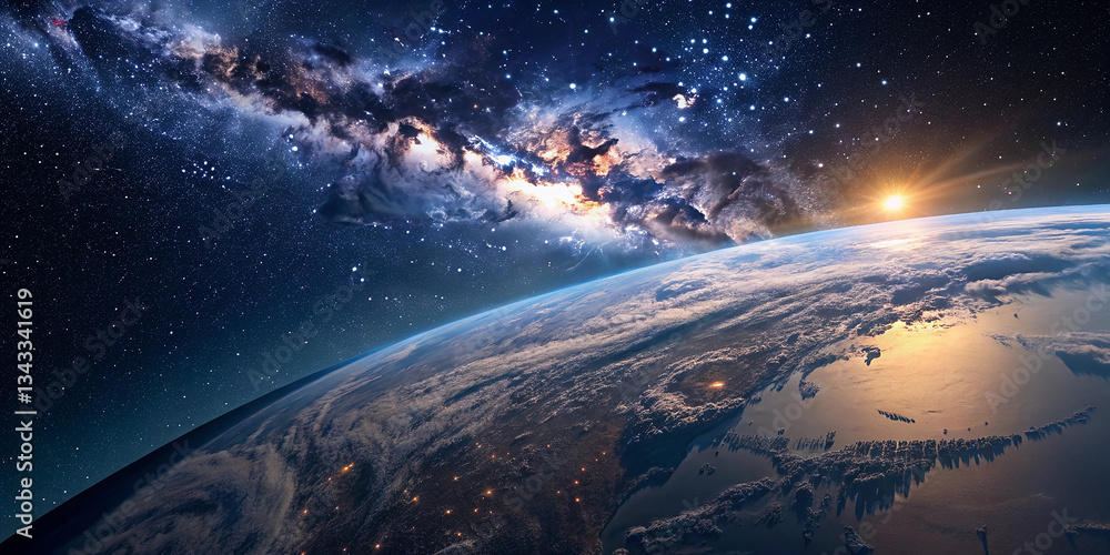 Fototapeta premium Milky Way galaxy view with Earth and a stunning sunrise from space