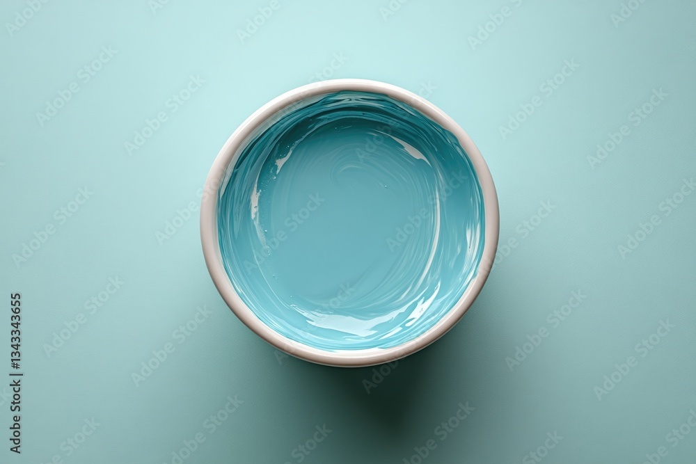 Bright turquoise paint fills circular container, reflecting crea Bright turquoise paint fills circular container, reflecting crea