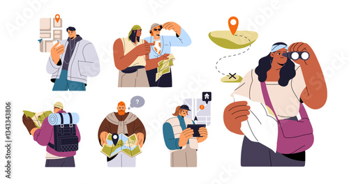 People look for way on map set. Tourists are lost in journey, search route, direction with gps on phone. Characters navigate in hike travel. Flat isolated vector illustrations on white background
